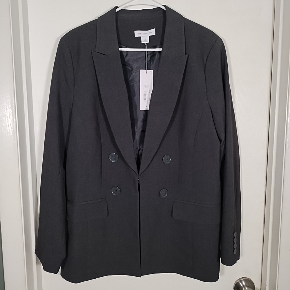 Liz Claiborne Open Blazer Jacket 16 Charcoal Gray Four Button Detail Career